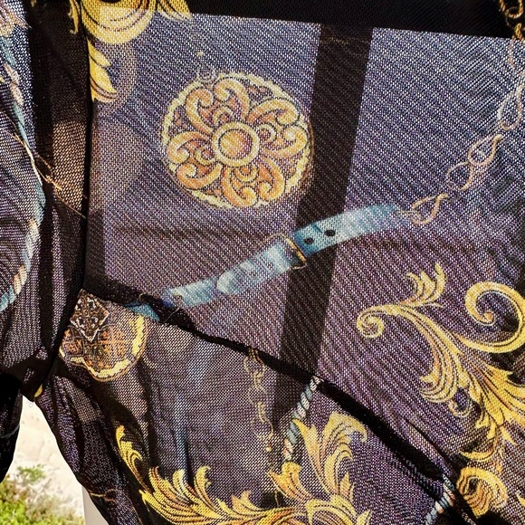Fashion Nova Black Mesh Long Sleeve Top with Gold Baroque Print - Picture 2 of 7